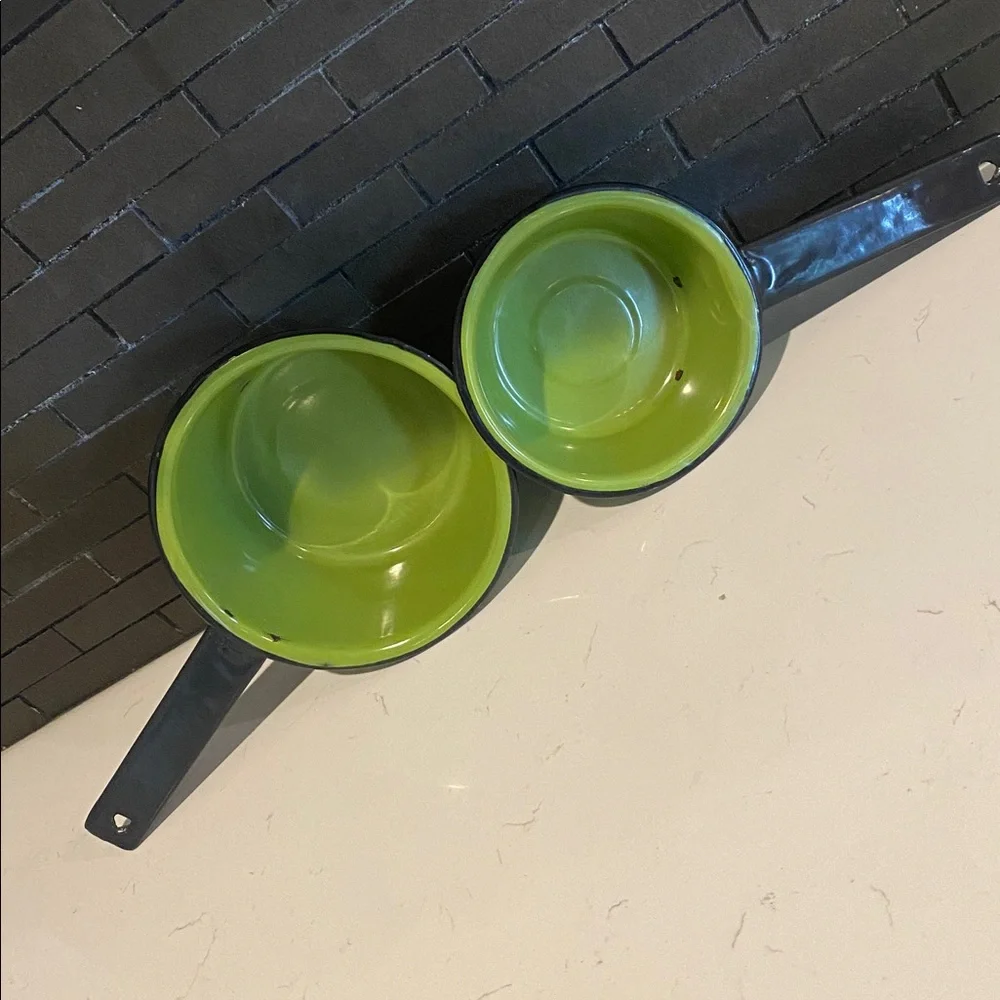 Vintage Green Enamelware Sauce Pans Lot of 2 Black Rim Pot 5”& 6